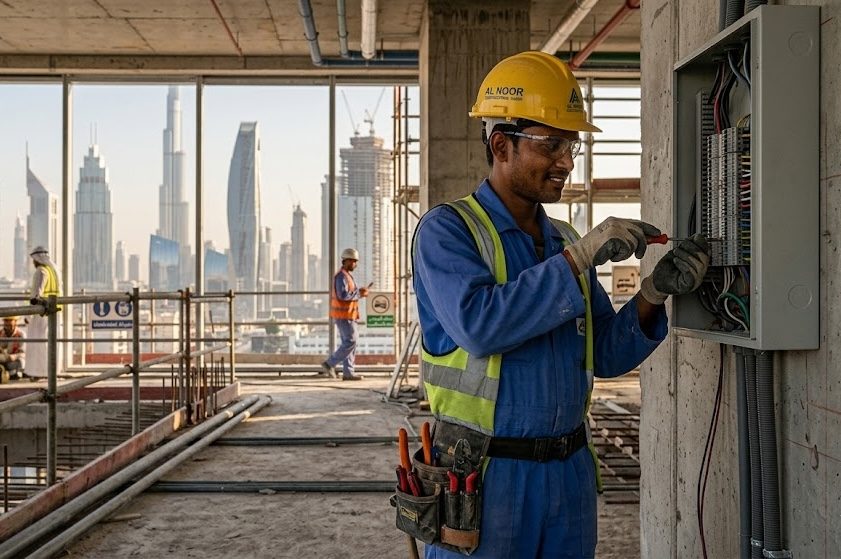 Skilled Indian electrician on a construction site in the Gulf